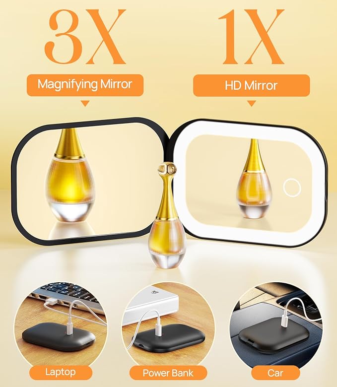 Gospire Lighted Compact Mirror with Light and Magnification 1X/3X, Stepless Dimming and Three-Color Adjustable Lights, Rechargeable Battery and Small Mirror for Purse and Travel - Black