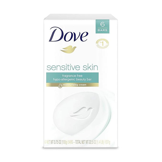 Dove Sensitive Skin Hypo-Allergenic Beauty Bar Soap, Unscented, 4 Ounces, 6-Pack