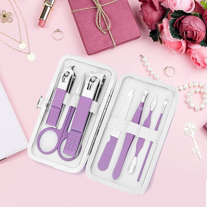 Aceoce Manicure Set Women's Nail Clipper Set Nail Kit with Travel Case - Purple, Stainless Steel, Compact, Curved Edge, Perfect for Travel & Everyday Use
