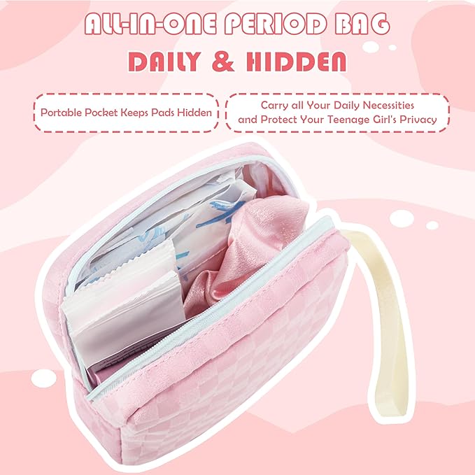 First Period Kit for Girls, 5.3" Checkered Tampon Holder for Purse, Menstrual Starter Tampon Bag Pad Pouch, Emergency Sanitary Napkin Storage Bag Teen Period Kit Gifts for Tweens
