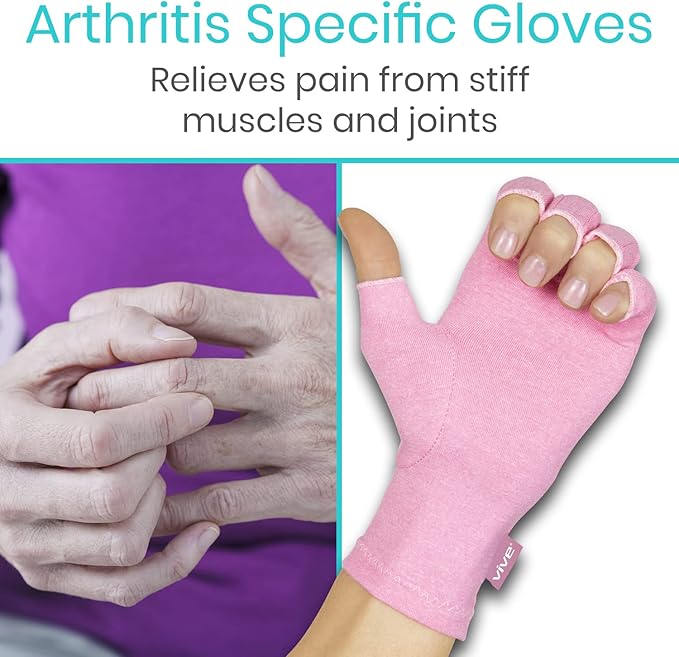Vive Pink Arthritis Hand Compression Gloves - Comfortable Fit for Men and Women - Open Finger for Rheumatoid, Osteoarthritis and Computer Typing Pain - Carpal Tunnel Support - Moisture Wicking Fabric