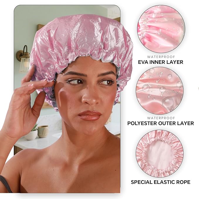 Smilco 4 Pack Shower Caps for Women, Reusable Waterproof Double Layer Bath Cap, Large EVA Elastic Hair Cover for Shower, Fits Long Hair & Braids, for Spa & Home