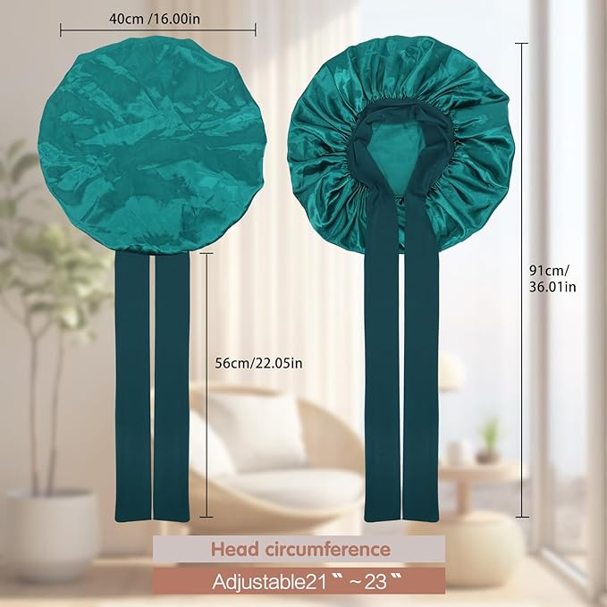 Arqumi 2 Pcs Satin Silk Bonnet for Sleeping Women, Large Long Strap Tie Band Adjustable Sleep Night Cap Hair Bonnet Wrap for Men, Black+Dark Green