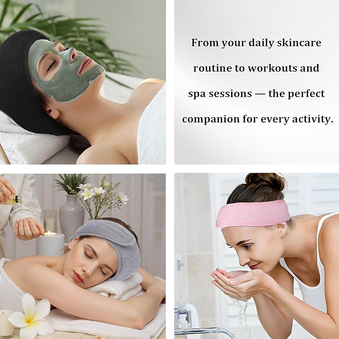 4 Pack Adjustable Makeup Headbands – Non-Slip Spa & Facial Hair Wrap, Washable Headband for Shower, Yoga, Gym, Salon & Home Use (Fits All), HZFD-BE