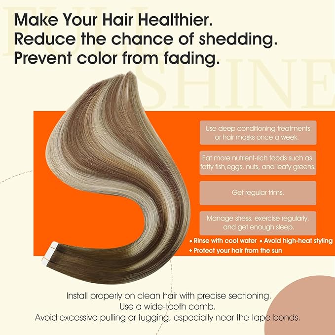 Full Shine Brown And Blonde Tape in Hair Extension Real Remy Natural Color 4 Brown Ombre 27 Blonde And 8 Brown Highlight 60 Invisible Tape in Human Hair Extension 16Inch for Women Add Volume 50G 20Pcs