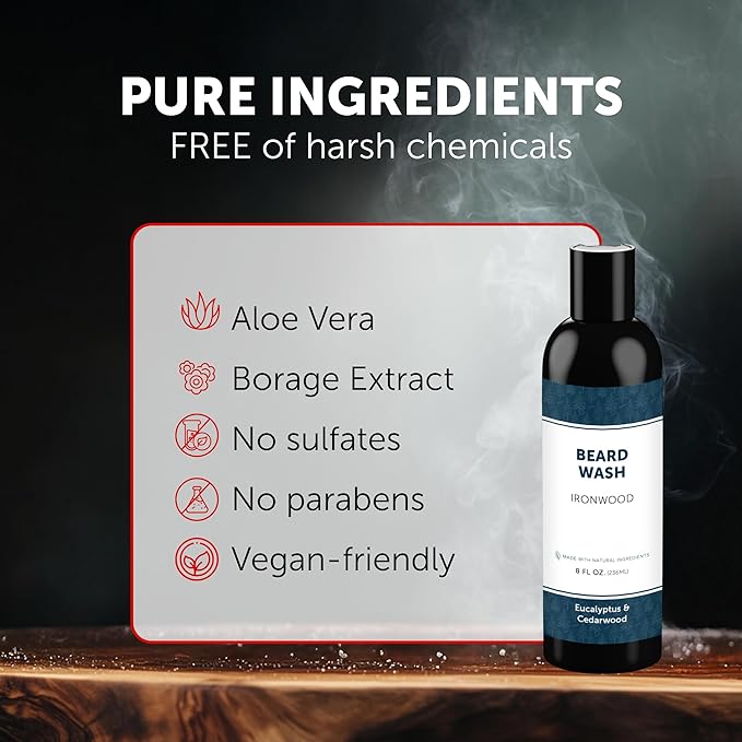 Detroit Grooming Co. Beard Wash – Deep Cleansing & Hydrating Beard Shampoo with Aloe Vera & Essential Oils - 8oz (Ironwood)