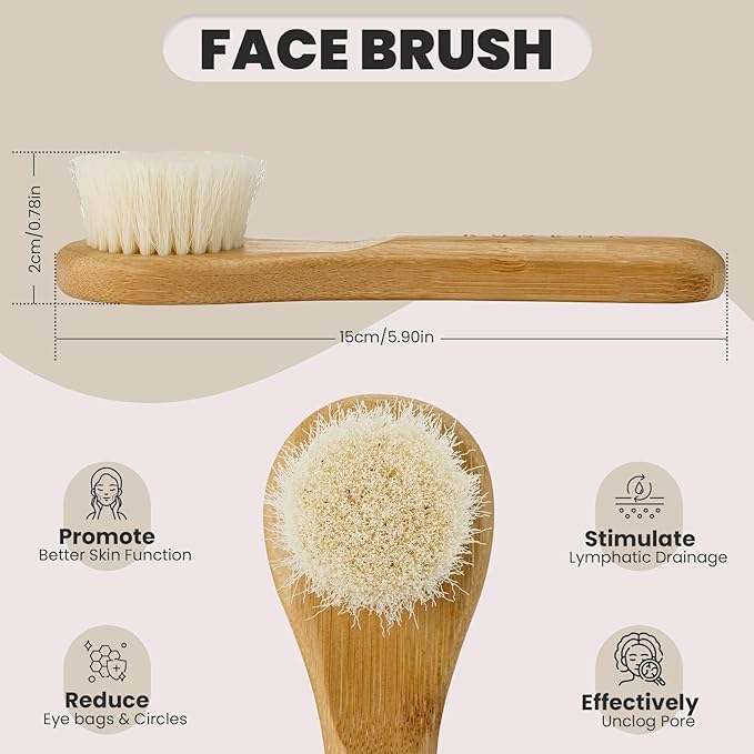 Natural Dry Brush Set for Body and Face - Exfoliate, Stimulate Lymphatic Drainage, Reduce Cellulite - Dry Skin Brushing with Vegan, Boar Bristles and Sustainable Bamboo Handles
