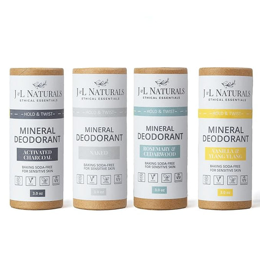 J&L Naturals Mineral Deodorant | Baking Soda-Free, 100% Natural, Sustainable Skin Care | Sensitive Deodorant For Women & Men | Aluminum Free, Vegan, Cruelty-Free (Unscented & Woody, 3 Oz (Pack of 4))