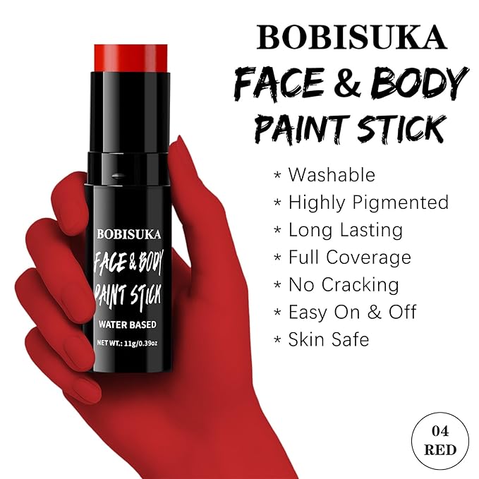 BOBISUKA Red Face & Body Paint Stick Water-Based Washable Face Paint Makeup Stick for Halloween Skeleton, Skull, Devil, Goth, Clown, Joker Cosplay, SFX, Sports Eye Black & Costume Party