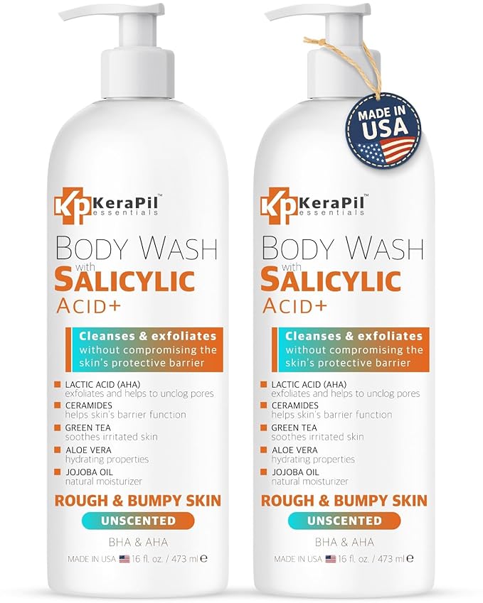 KERAPIL Salicylic Acid Body Wash - Skin Non-drying, Gentle Exfoliates Rough and Bumpy Skin, Body Acne Wash, BHA & AHA - Unscented Exfoliating Body Wash, Made in USA - (16 fl oz x 2)