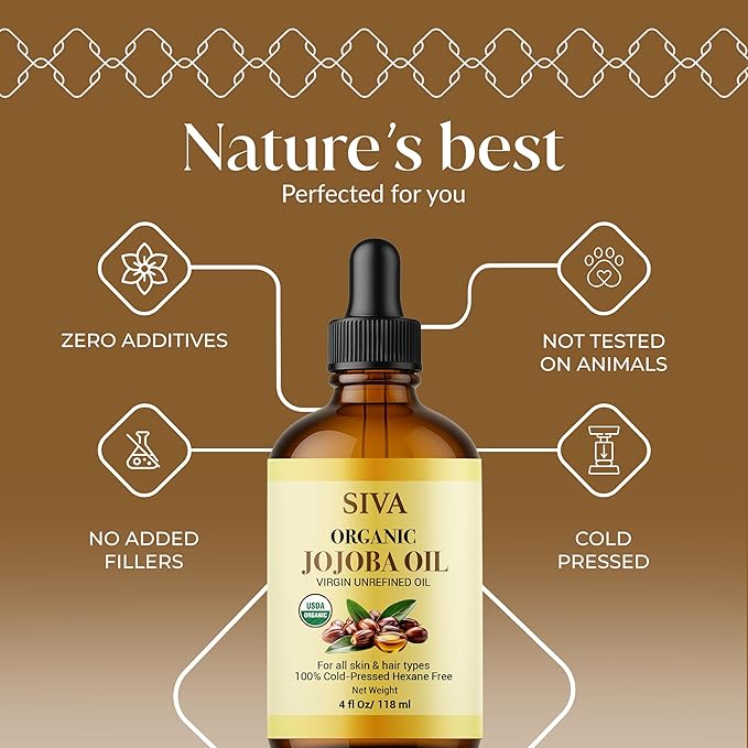 Siva Jojoba Organic Oil 4oz (118ml) Premium Cold-Pressed 100% Natural Organic Carrier Oil with Dropper for Face, Skin Care, Body Massage, Hair Care, Hair Oiling & Scalp Massage
