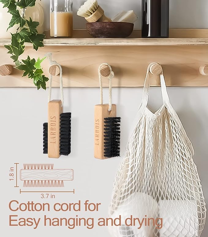 Nail Brush for Cleaning Fingernails, 2Pack Wooden Nail Brushes Fingernail Brush for Cleaning Nail Scrub Brush Two-Sided with Hanging Rope (Beechwood)