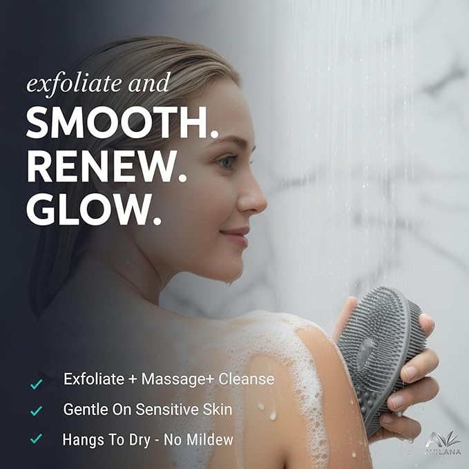 Avilana Premium Exfoliating Body Scrubber - 8 Years Trusted Since 2017 - SGS Certified Silicone Bath Brush, Firm Bristles Smooth Rough Bumpy Skin Texture, Dual Sided Loofah Alternative Women Men Kids