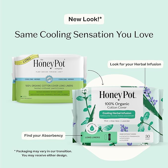 The Honey Pot Company - Herbal Long Panty Liners for Women - Infused w/Essential Oils for Cooling Effect & Organic Cotton Cover - Feminine Care - 30 ct