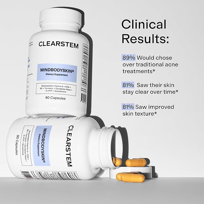 CLEARSTEM - MINDBODYSKIN Hormonal Acne Supplement (5-HTP) - Natural DIM Supplement - Skin Care Vitamins - Hormone Balance, Antioxidants - Gluten Free, Cruelty Free - 30 Servings, 90 Capsules