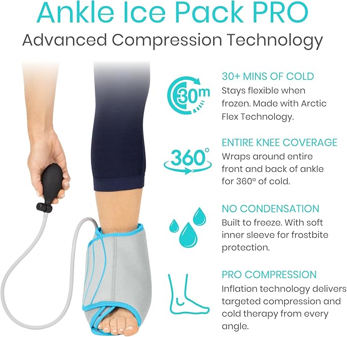 Vive Compression Ankle Ice Pack Wrap for Foot Pain Relief - Soft Cold Brace for Recovering Injuries - Support for Swelling, Sprains, & Fractures - Filled with Reusable Gel, Fits Small & Large Feet