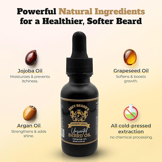 Grey Beard's Grooming Lounge - Unscented Beard Oil for Men 1 fl oz - Natural Leave In Conditioner with Jojoba, Argan and Grapeseed Oils