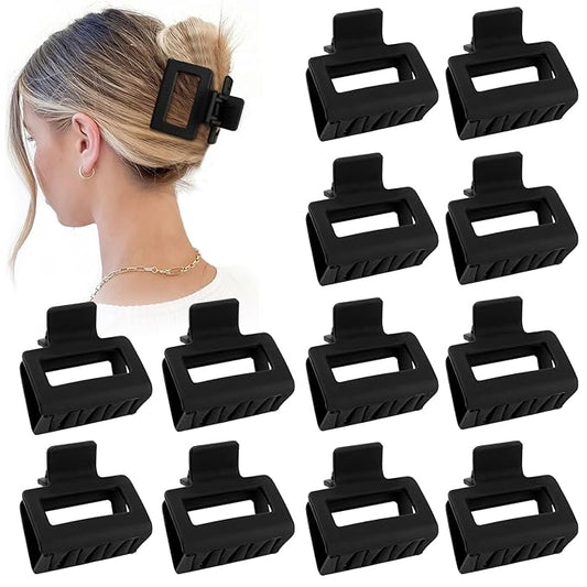 2 Inch Medium Hair Claw Clips 12 Pcs Square Hair Claw Clips for Thin Hair Matte Nonslip Acrylic Banana Jaw Clips Bulk Hair Accessories for women and Girls (Black)