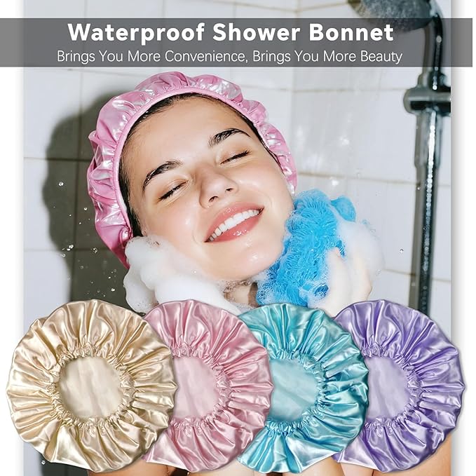 Smilco 4 Pack Shower Caps for Women, Reusable Waterproof Double Layer Bath Cap, Large EVA Elastic Hair Cover for Shower, Fits Long Hair & Braids, for Spa & Home