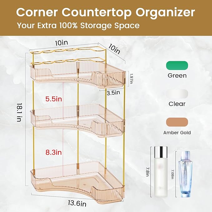 NATURE'S SOURCE Makeup Organizer for Vanity, 3-Tier Corner Bathroom Organizer Countertop with Makeup Brush Holder, Corner Counter Storage for Bathroom Dresser- Amber Gold