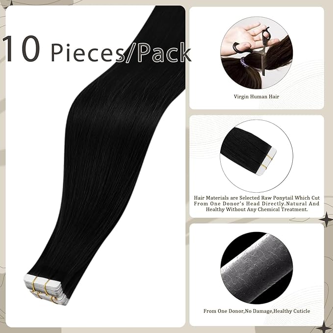 Full Shine Virgin Tape in Hair Extensions Color 1 Jet Black Tapes Extensions 14 Inch Remy Hair Extensions Tape in 25 Gram Double Sided Tapes Hair Extension 10 Pcs Long Lasting for Women