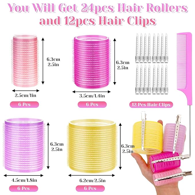 Self Grip Hair Rollers Curlers Set 36Pcs, Hair Roller Sets 4 Sizes (Jumbo, Large, Medium, Small) with Clips and Comb for Long Medium Short Thick Fine Thin Hair Volume