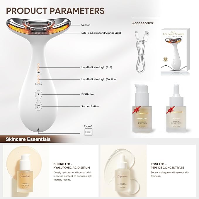 3-in-1 for Aurora Red Light for Face & Neck Beauty Massager, with Suction, Vibration, Heat, 3 Light Therapies for Skin Glow, Face Lift, Neck Firm, Black