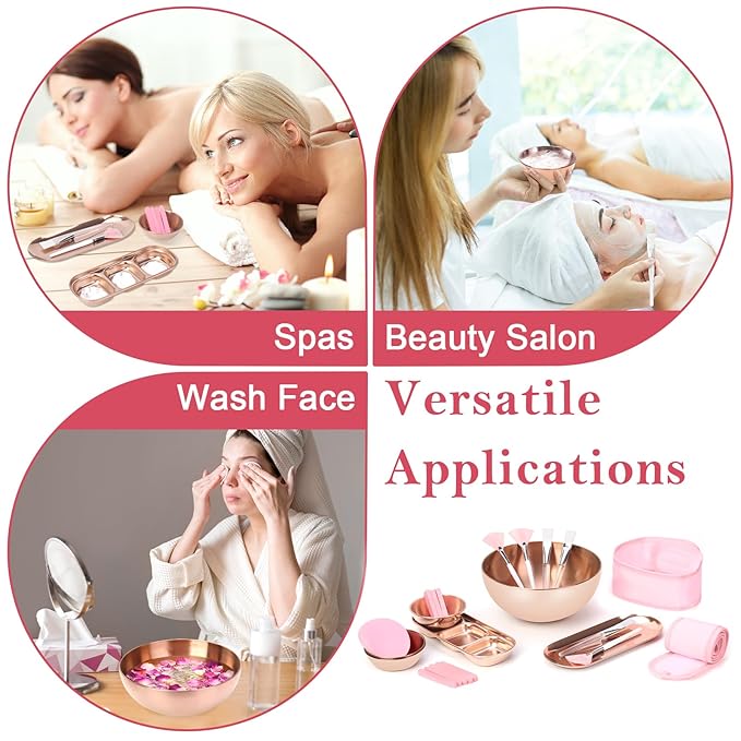 26 Rose Gold Esthetician Supplies Kits 3 Facial Bowls Large Spa Bowls 3 Fan Brushes Makeup 3 Face Mask Brushes Salon Tray 3 Section Skincare Tray 12 Face Sponge Compressed 2 Spa Headbands for Women