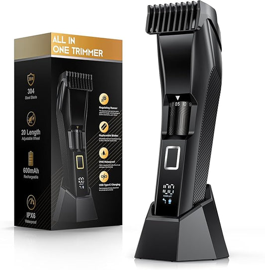 Men's Beard Trimmer-All-in-One Mustache Trimmer with 20 Length Adjustable, Stainless Steel T-Blade for Precision Facial Hair Trimming Cordless IPX7 Waterproof Wet/Dry Clipper,LED Display