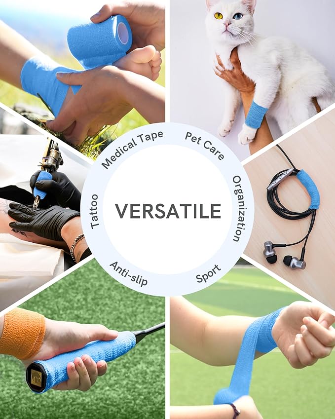 FriCARE Self Adhesive Bandage Wrap, Medical Tape in First Aid Kit, Cohesive Bandages for Wounds Sport Vet, 2 Inches X 5 Yards 6 Rolls, Fluorescent Blue