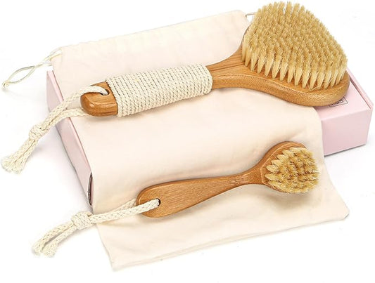 Bamboo Dry Brushing Set with Body and Face Brush, Dry Scrub Brush with Exfoliating Natural Boar Bristle for Lymphatic Drainage, Cellulite Reduction, Blood Circulation and Glowing Skin, 2 Pack