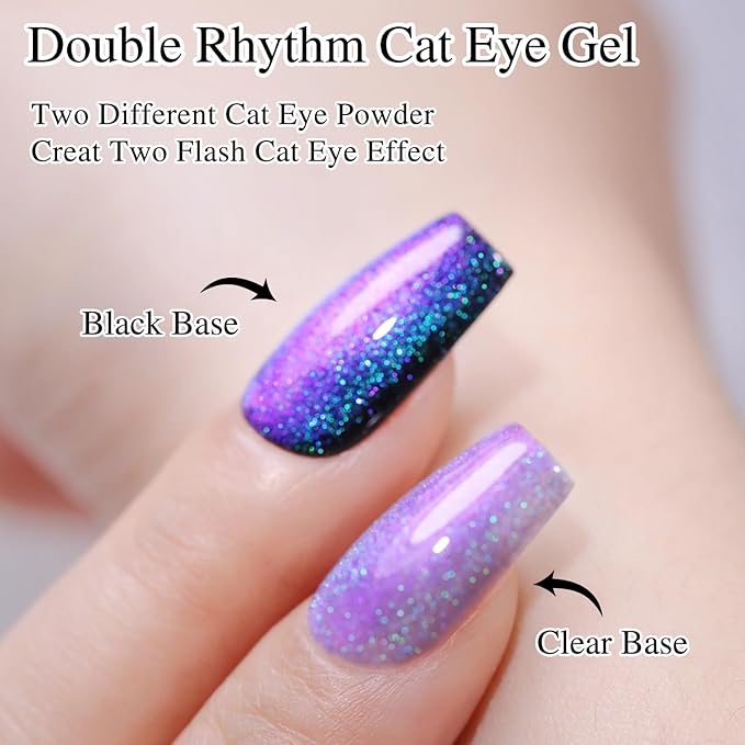 Double Rhythm Jelly Glass Cat Eye Gel Polish with Magnet 15ML Holographic Glitter Shimmer Translucent Sheer Color Magnetic Nail Polish Salon DIY at Home (Blue Purple-MC1049)