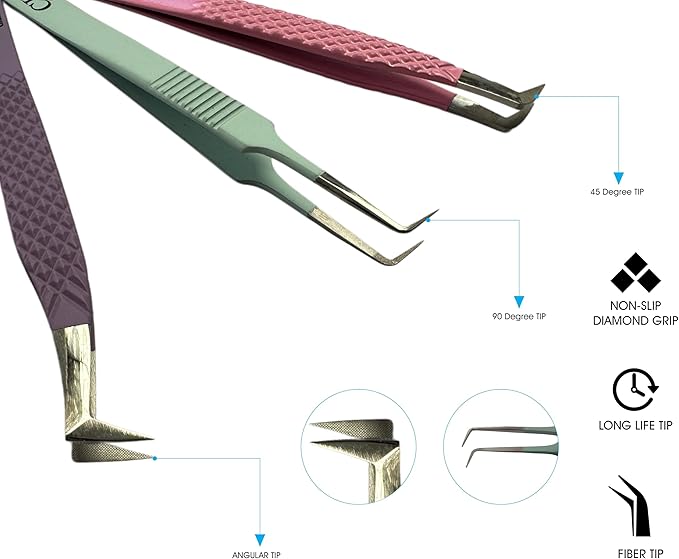 Lash Tweezers For Eyelash Extension Pack of 3 Volume,90 Degree,Boot Volume with Precision Fiber Tip in pastel shade with Diamond Grip (Pack of 3 - Pastel Colors)