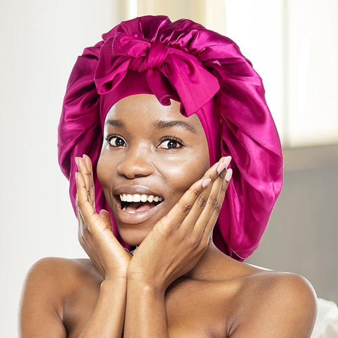 Arqumi Pack of 2 Satin Sleeping Bonnet, Large Sleep Bonnet with Long Strap,Reduce-Friction Prevent-Frizz Curly Hair, Adjustable Sleep Cap Hair Bonnet for Women & Men, Black+Rosy