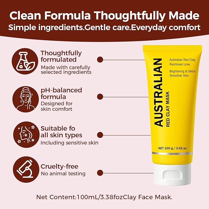 Australian Red Clay Face Mask, Mineral-Rich Detox Mud Mask with Kakadu Plum & Desert and Rainforest Lime Extracts, Gentle Exfoliation, For All Skin Types, 3.52 oz / 100 mL (1 pack)