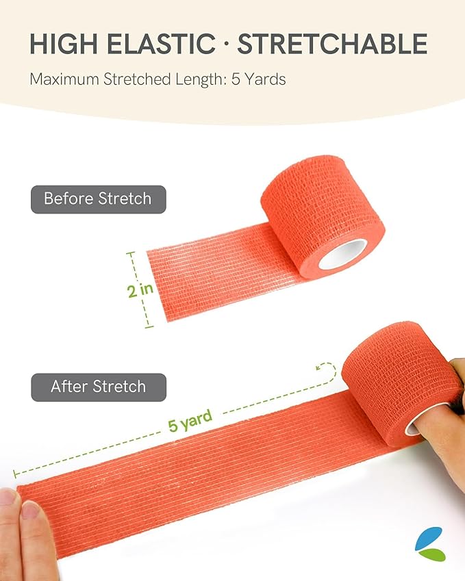 FriCARE Self Adhesive Bandage Wrap, Medical Tape in First Aid Kit, Cohesive Bandages for Wounds Sport Vet, 2 Inches X 5 Yards 6 Rolls, Fluorescent Orange