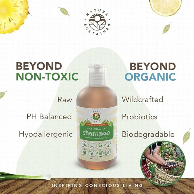 Nature Sustained Organic Shampoo - Raw & Wildcrafted with Probiotics, Hypoallergenic Natural & Sulfate Free Shampoo for Sensitive Scalp, Dry Hair, Dandruff, Gallon, Lemongrass