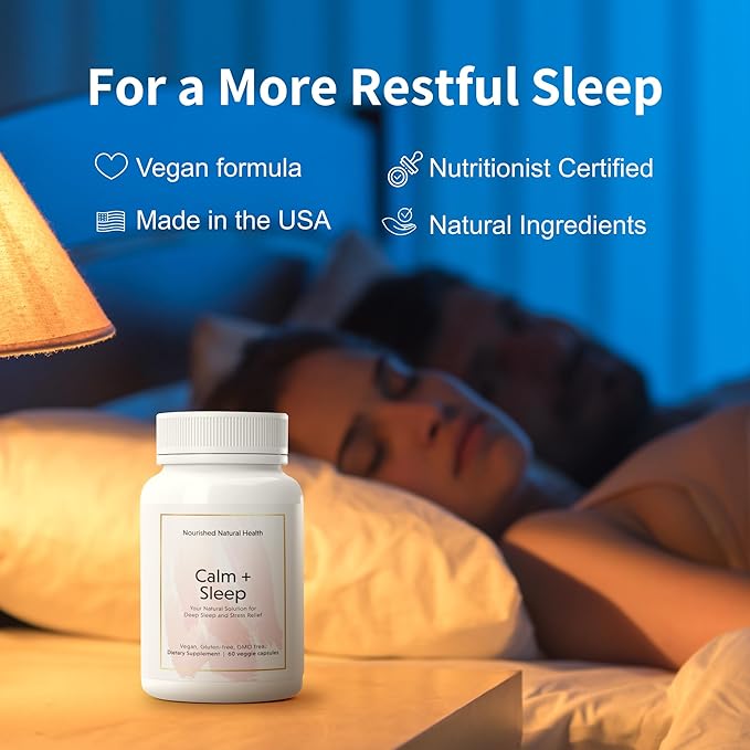 Nourished Natural - Calm + Sleep Capsules for Deep Rest & Relaxation with Ashwagandha, Chamomile, Tart Cherry Extract, Passionflower, L-theanine, & Magnesium - 180 Capsules