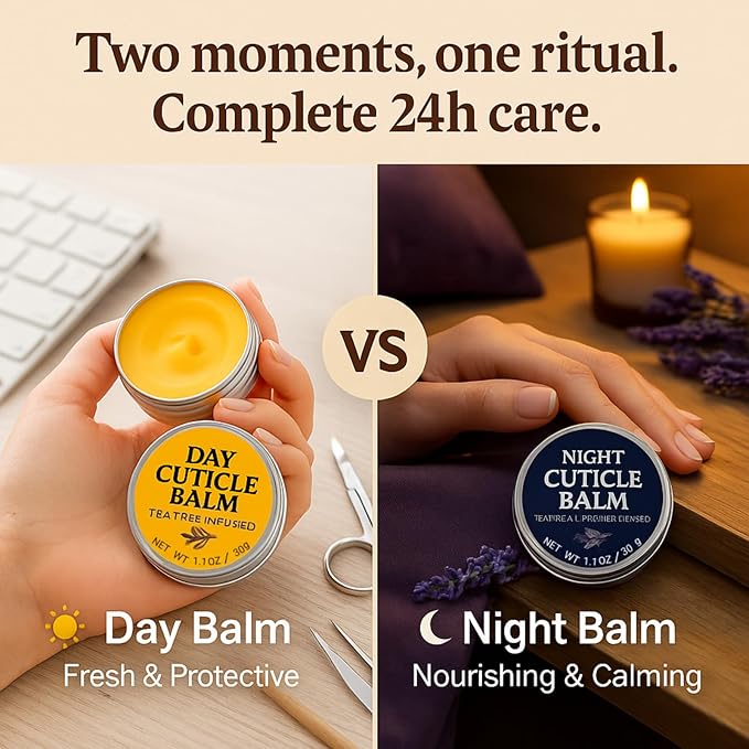 Tea Tree Oil Cuticle Balm Day & Night Set - Cuticle Cream & Butter for Dry, Damaged Cuticles - Includes Cuticle Brush for Easy Application - Cuticle Healing Treatment Moisturizer, 1.1 OZ 2PK