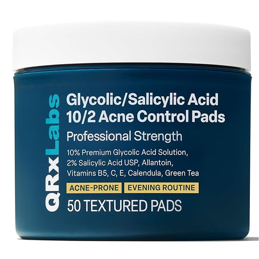 QRxLabs Salicylic & Glycolic Acid Acne Clearing Pads - 2% Salicylic & 10% Glycolic Acid - Exfoliating Pads for Acne, Bacne, Butt Acne, Body Acne - Daily Pads - 50ct