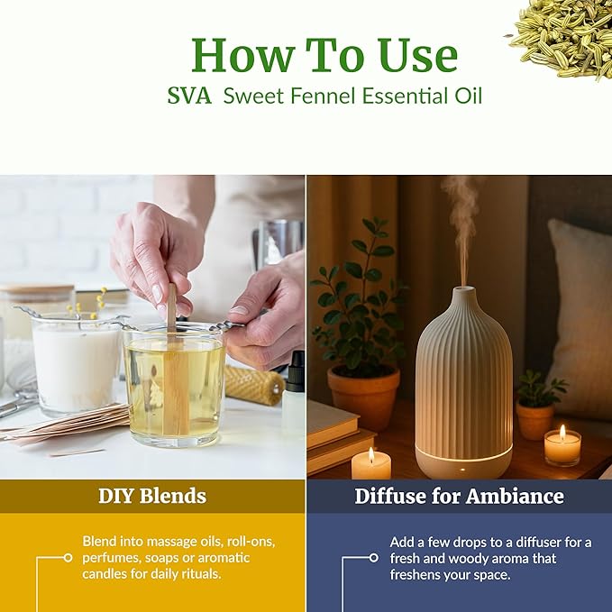 SVA Sweet Fennel Essential Oil – 4 Fl Oz – 100% Natural Fennel Oil - for Diffuser, Hair Care, Face, Skin Care, Aromatherapy, Scalp and Body Massage, Soap and Candle Making – with Dropper