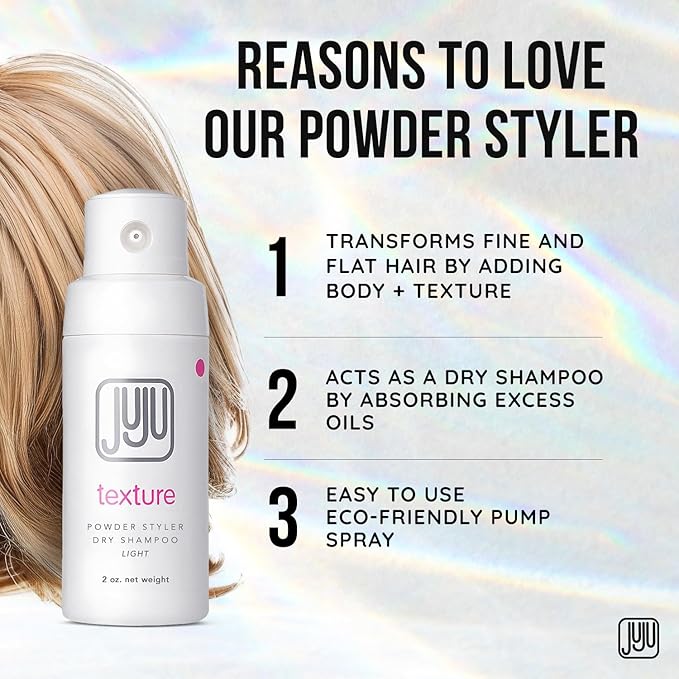 Juju Styling Texture Powder & Travel Size Dry Shampoo for Women & Men Pump 2 Oz (Light) - Non Aerosol Dry Shampoo for Women, Hair Texturizer for Volume, Fragrance Free Hair Care for All Types of Hairs