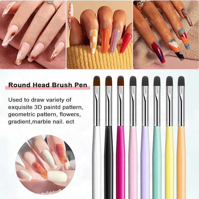 Nail Art Brushes Set,8PCS Uv Gel Nail Brush Poly Extension Gel Brush for Nail Art Nail Design Brush Gel Nail Brush for Nail Extension Nail Powder Nail Art Tips Builder Brush Nail Painting Set