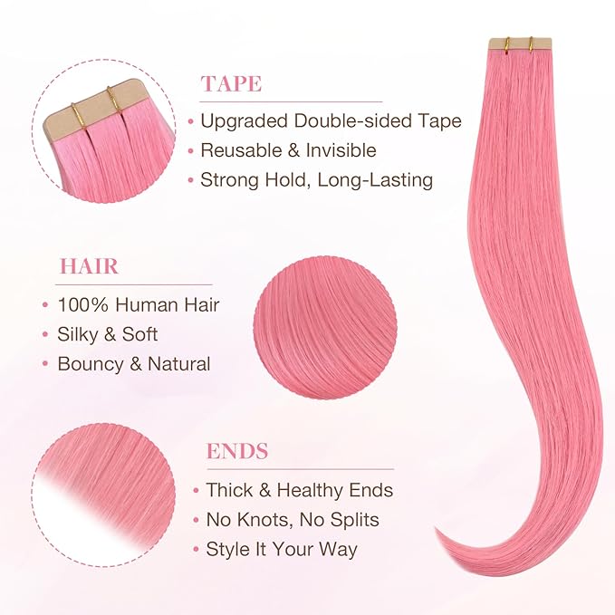 GOO GOO Tape in Hair Extensions Human Hair, Peach Pink, 10inch 20g 10pcs, Colored Tape ins Human Hair Extensions, Silky&Soft Invisible Tape Ins, Hair Highlighted for Party