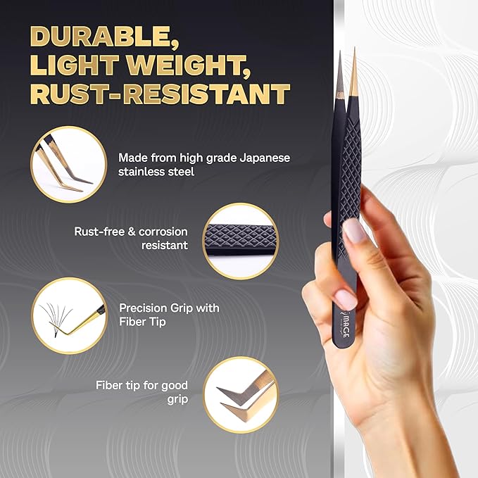 5 Pcs Fiber-Tip Japanese Steel Lash Tweezer Set with Leather Case, Professional Eyelash Tweezers for Lash Extensions – Titanium Coated, 90 & 45 Angled, Precision Pointed Tweezers (MATT BLACK)