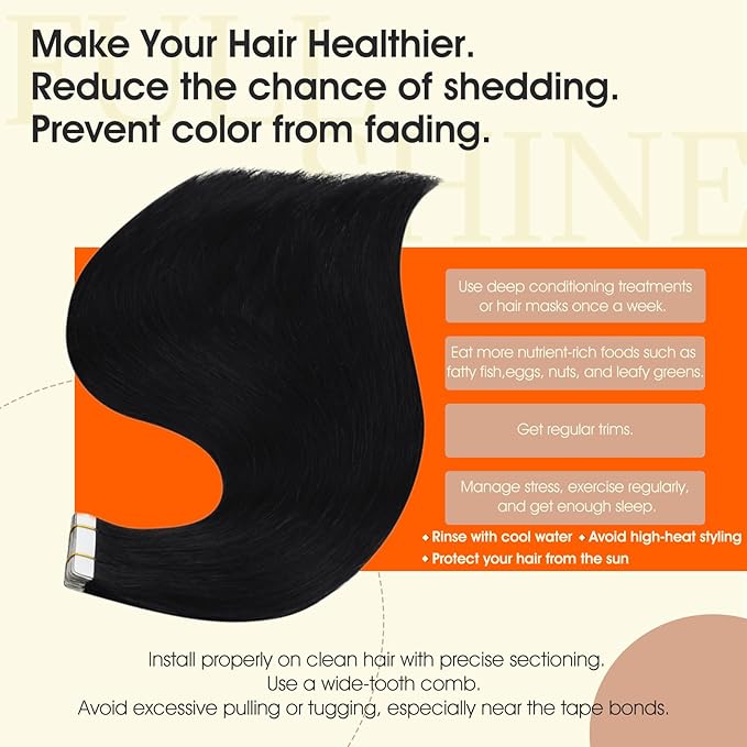 Full Shine Tape in Hair Extensions Human Hair Color 1 Jet Black Tape in Extensions 18Inch Straight Seamless Skin Weft 100G 40Pcs Invisible Extension for Women Add Volume