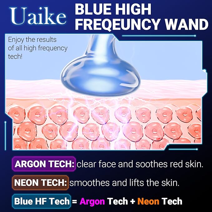 High Frequency Facial Wand - Uaike Portable Handheld Blue High Frequency Skin Facial Machine at Home - Skin Face Wand Device with 4 Different Blue Glass Tubes