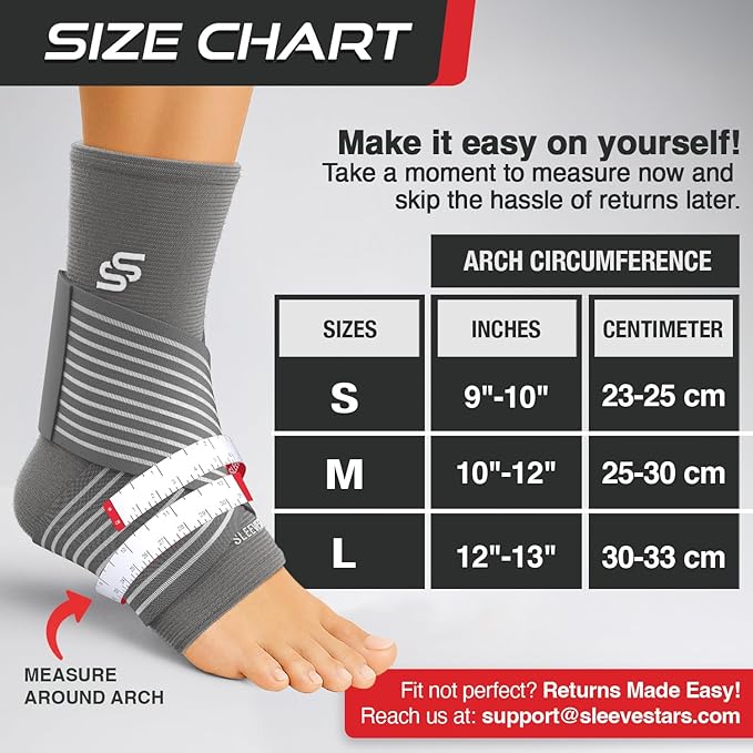 Sleeve Stars Ankle Brace for Women & Men, Ankle Wrap for Sprain, Compression Sleeve for Plantar Fasciitis Relief, Easy Customizable Support: w/ Removable Strap (Pair/M:10"-12"/Grey)