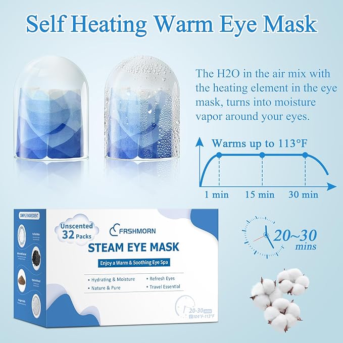 32Packs Steam Eye Mask, Heated Eye Mask for Sleeping, Warm Compress for Eyes, Self Heating Disposal Steam Mask for Home Sleep, Office, Spa, Travel Essentials Valentine's Day Gift (Unscented)