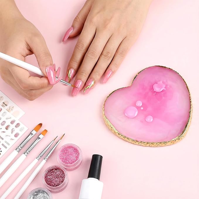 Resin Nail Art Palette, 2 Pcs Heart Shaped Nail Polish Palette Makeup Mixing Palette with Gold Edge for DIY Nail Art Design, Display (Purple, White)